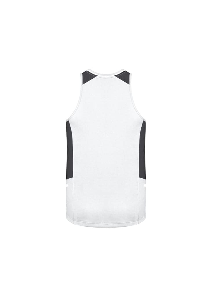 Mens Renegade Singlet in white with black accents, featuring a logo on the back.