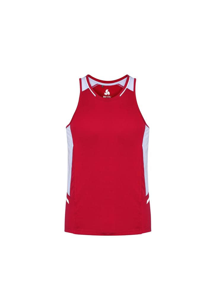 A red singlet featuring white accents and a logo on the front, designed for men's wear.