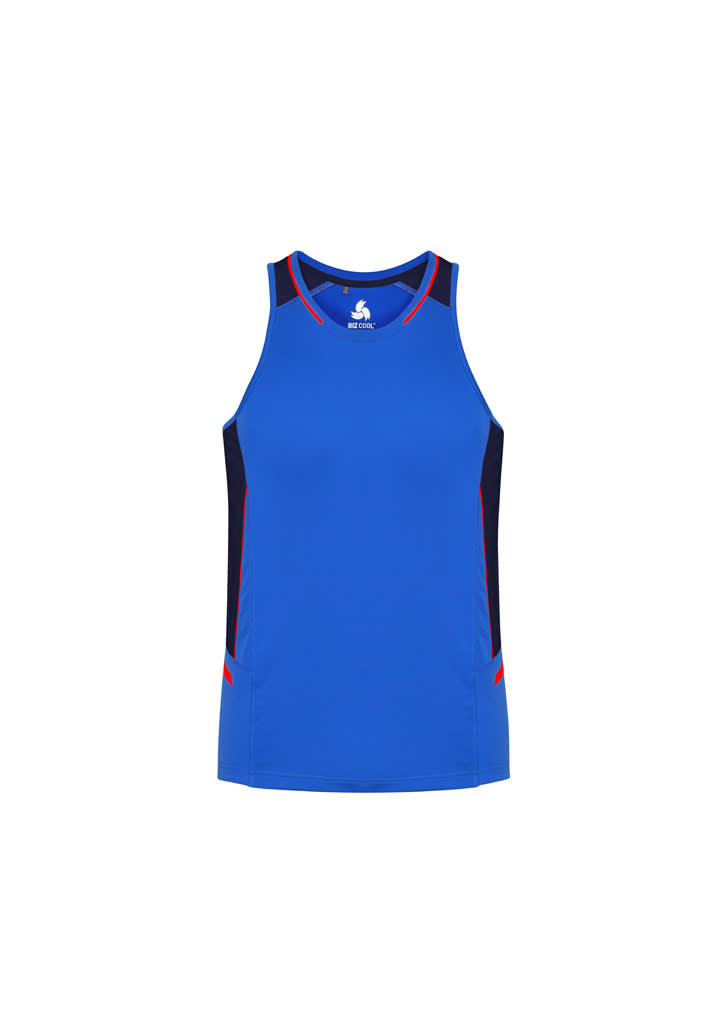 A blue men's singlet with black and red detailing, featuring a logo on the front.