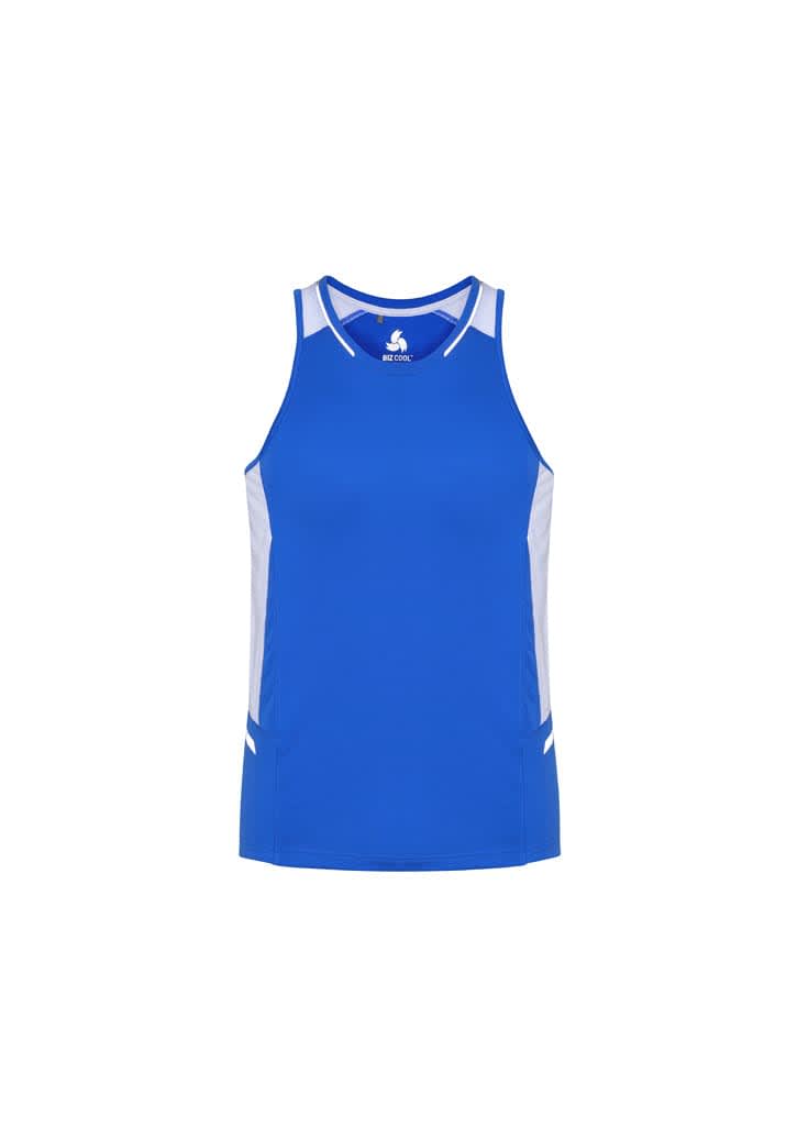 A blue men's singlet featuring white side panels and a brand logo on the front.