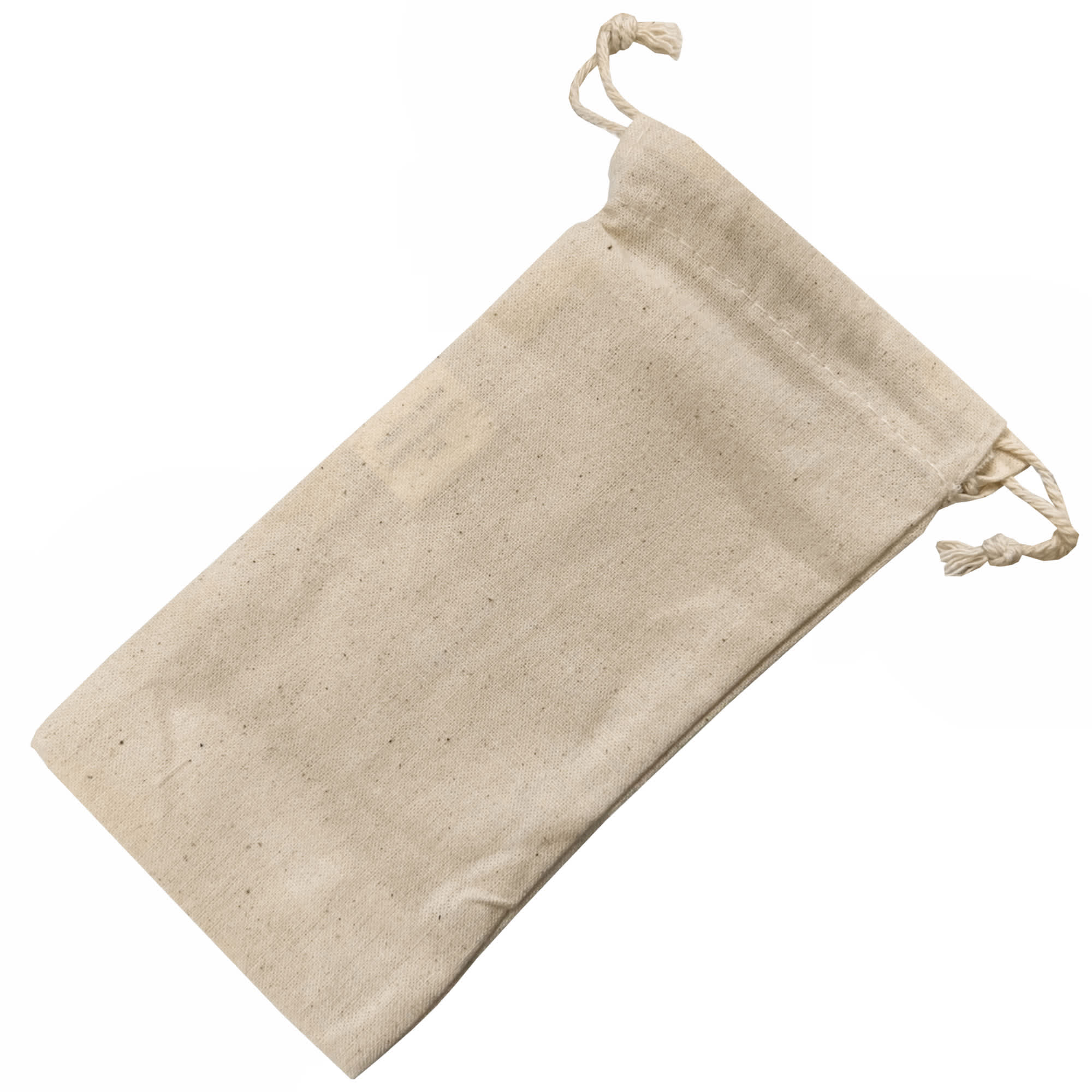 A beige cotton drawstring pouch with ties at the top, featuring a logo on one side.