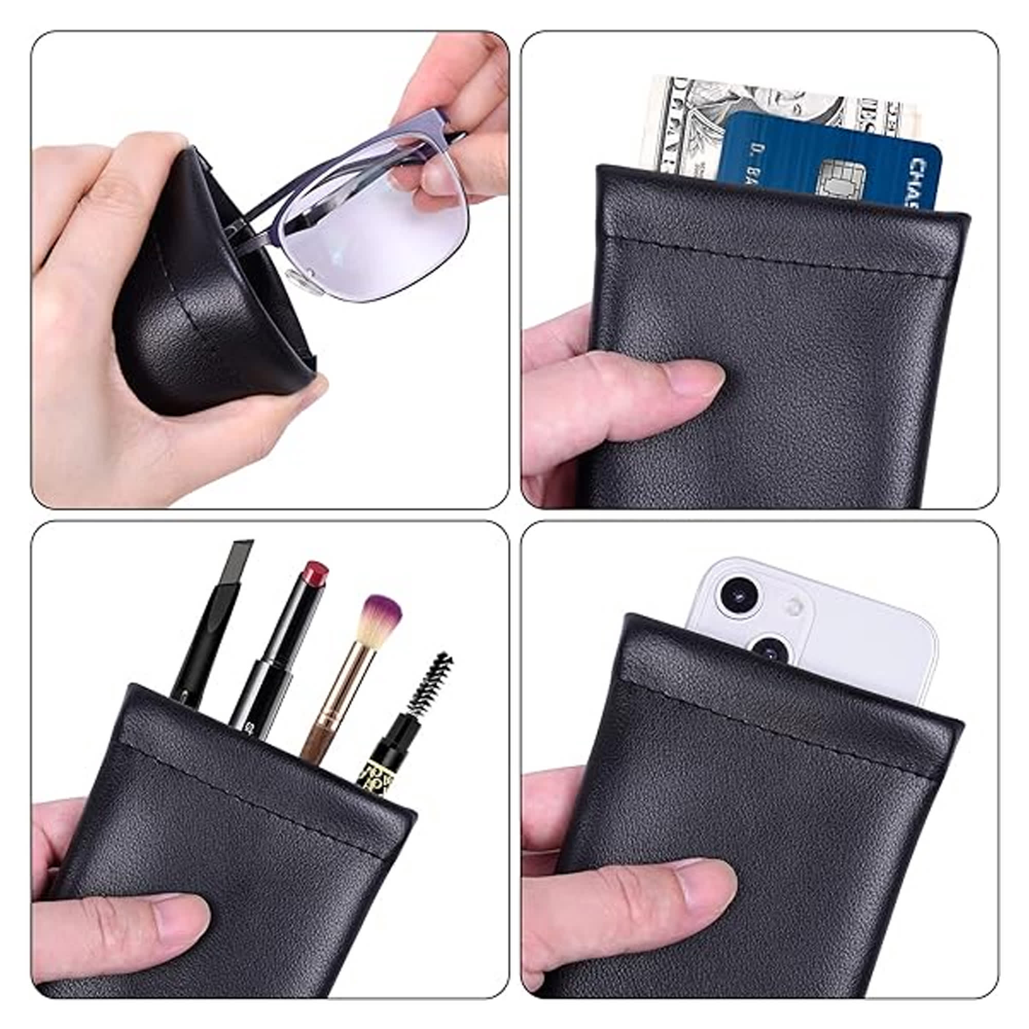 A black PU pouch with various items, including sunglasses, a phone, and cosmetics, held in hand. It features a branding logo.