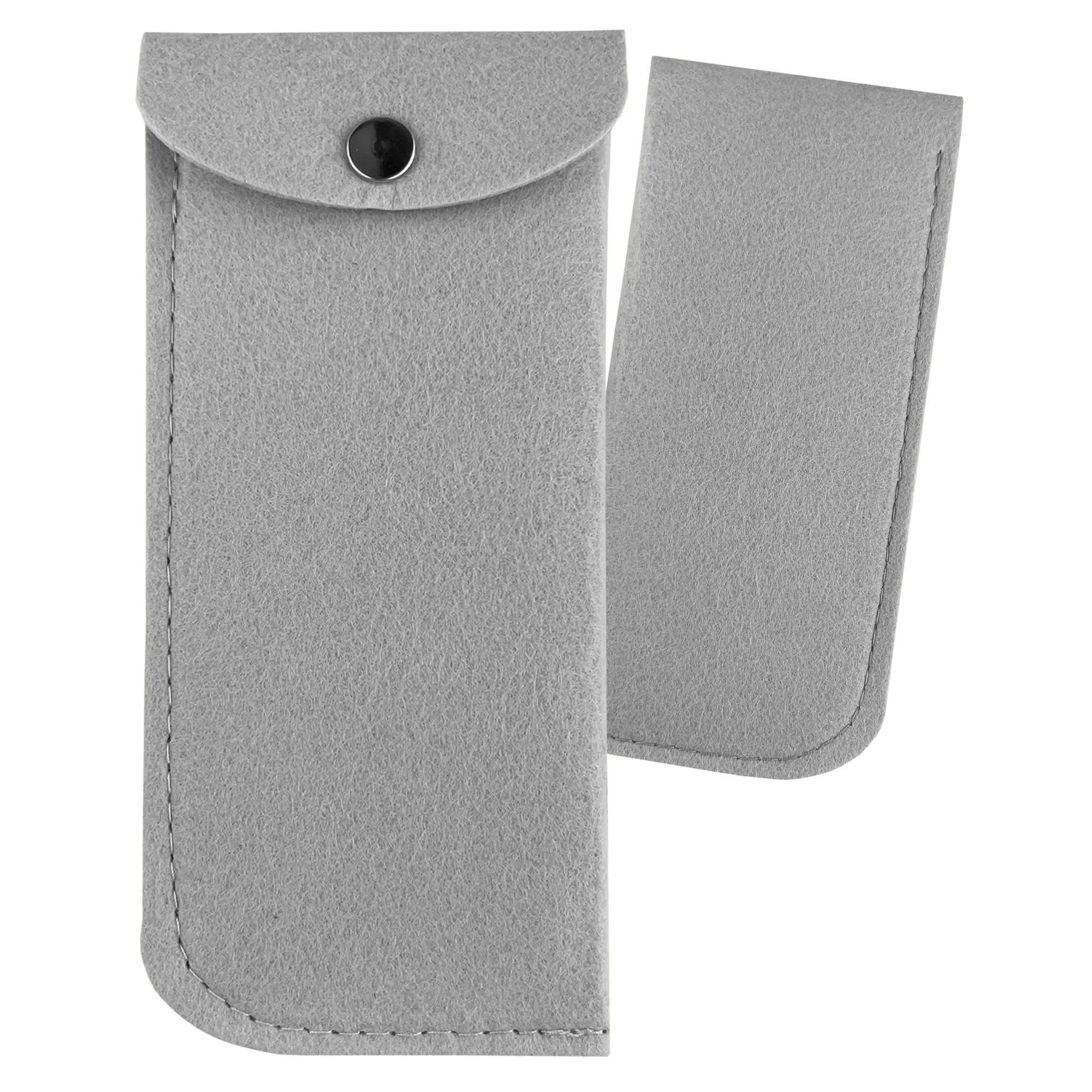 A grey felt pouch with a snap button closure and a removable inner section. It features stitching detail and a logo.