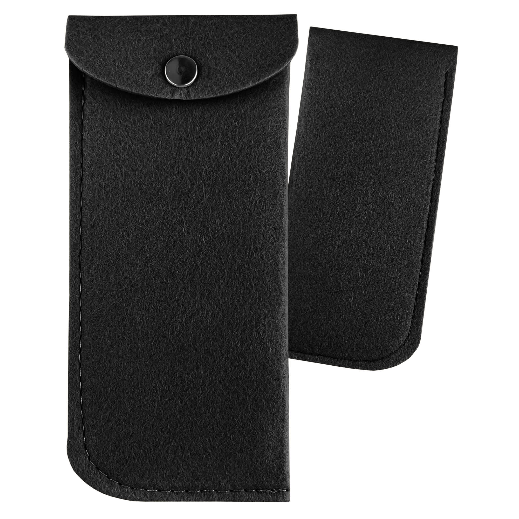 A black felt pouch with a snap closure and a removable insert, featuring a simplistic design.
