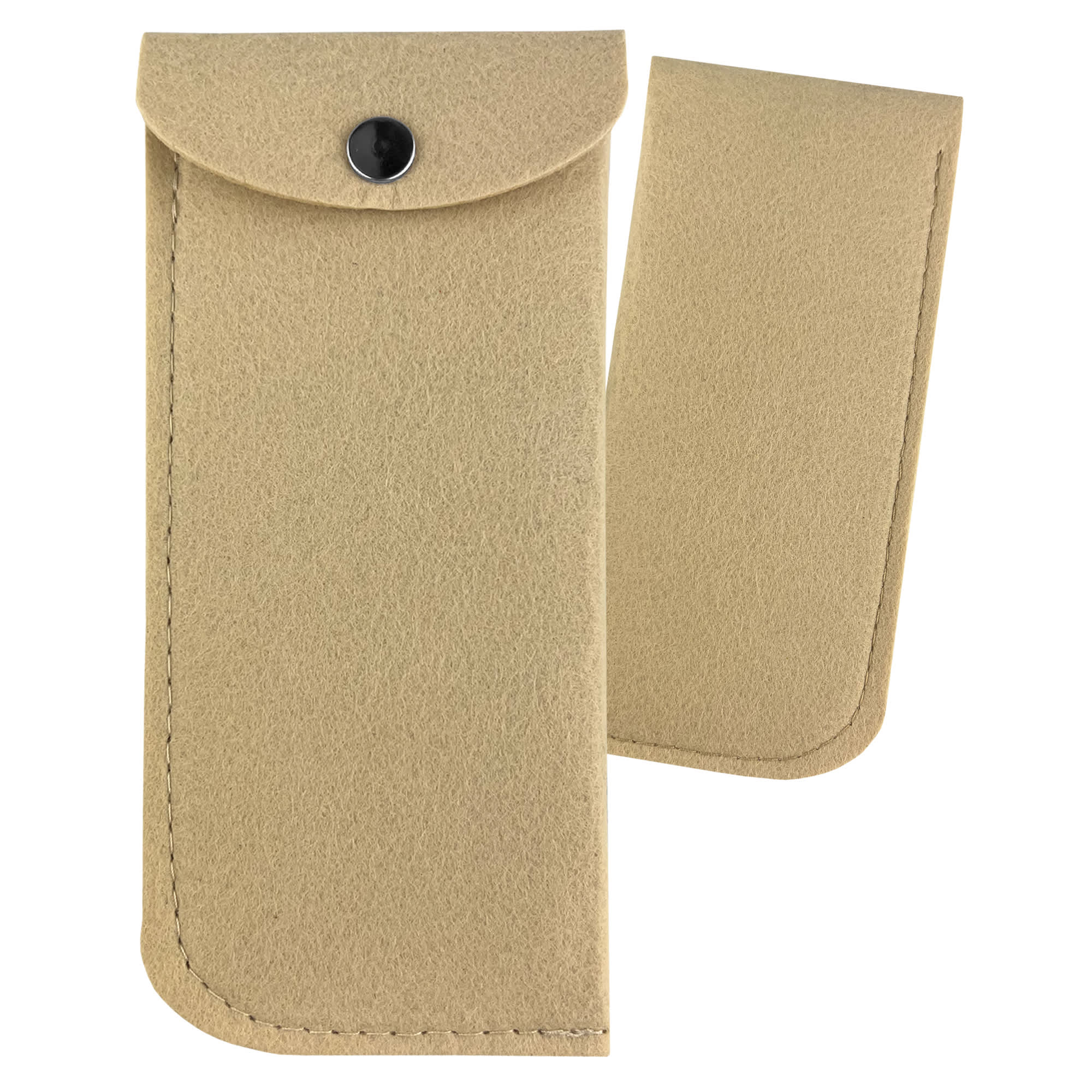 A beige felt pouch with a snap closure, accompanied by a smaller matching piece. Features a simple design and has a logo.