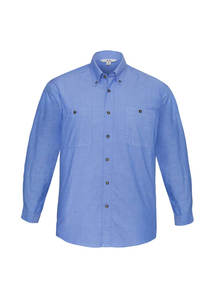 A light blue chambray long sleeve button-up shirt with two chest pockets and branding.