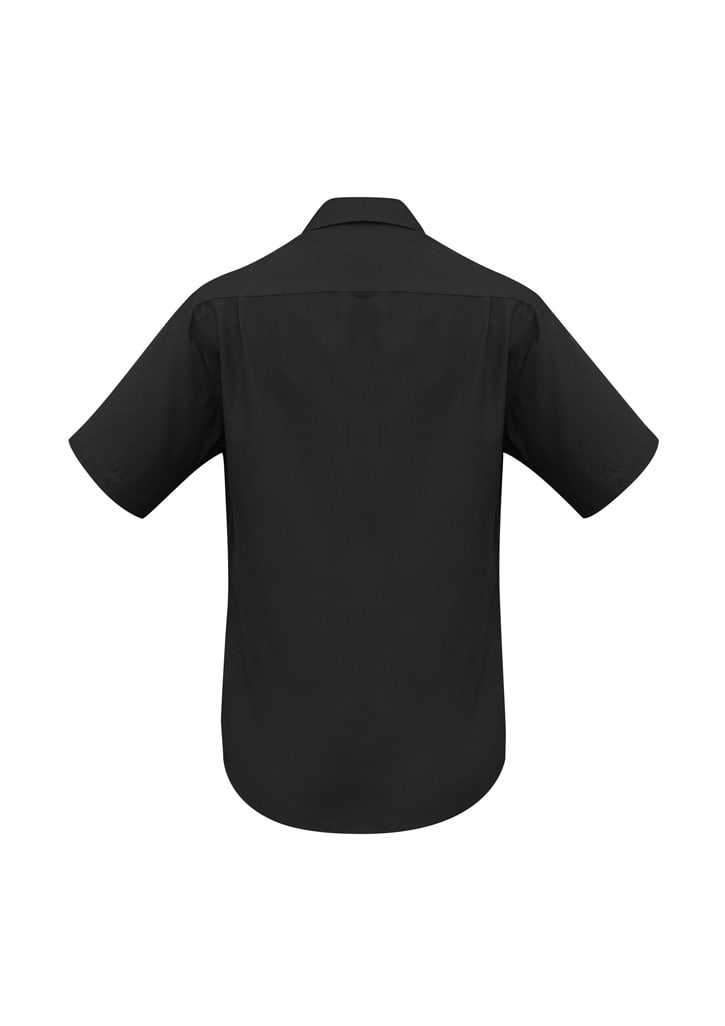A plain black short sleeve button-up shirt with a collar and a branding logo.