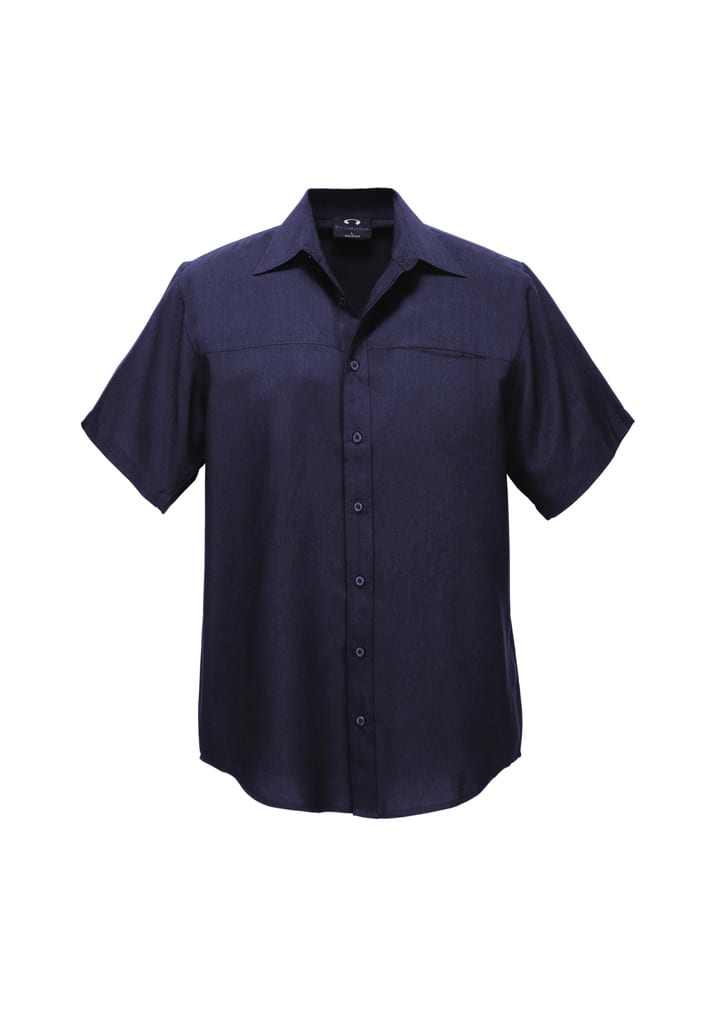A plain short sleeve button-up shirt in dark navy with a logo on the chest.