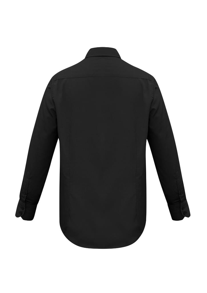 A black long sleeve button-up shirt with a classic collar and rolled cuffs, featuring a logo.