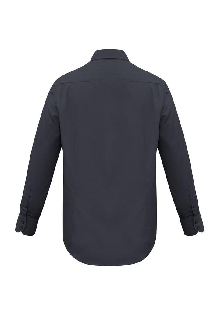 A men's long sleeve button-up shirt in dark grey, featuring a back view with rolled sleeves and a logo.