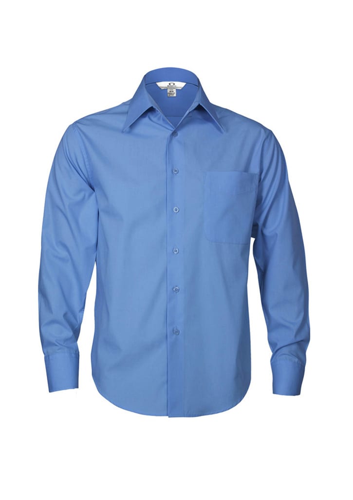 A blue long sleeve button-up shirt featuring a single chest pocket and a collar. It has a logo on the label.
