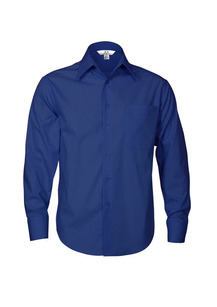 A long sleeve, button-up shirt in a deep blue colour, featuring a single chest pocket and a collar.