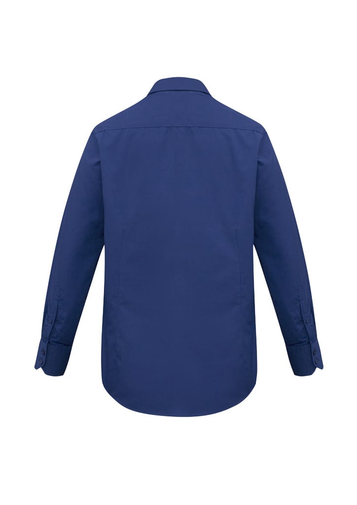 A navy blue long sleeve button-up shirt with a collar, featuring a logo on the back.