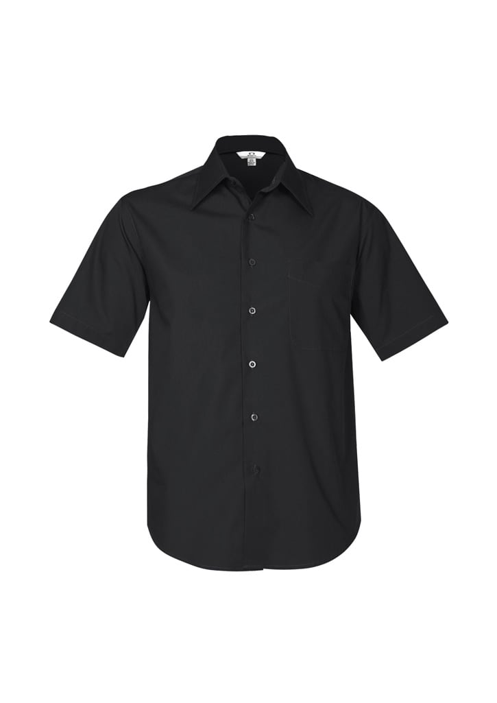 A black short sleeve button-up shirt with a chest pocket and a branded logo.