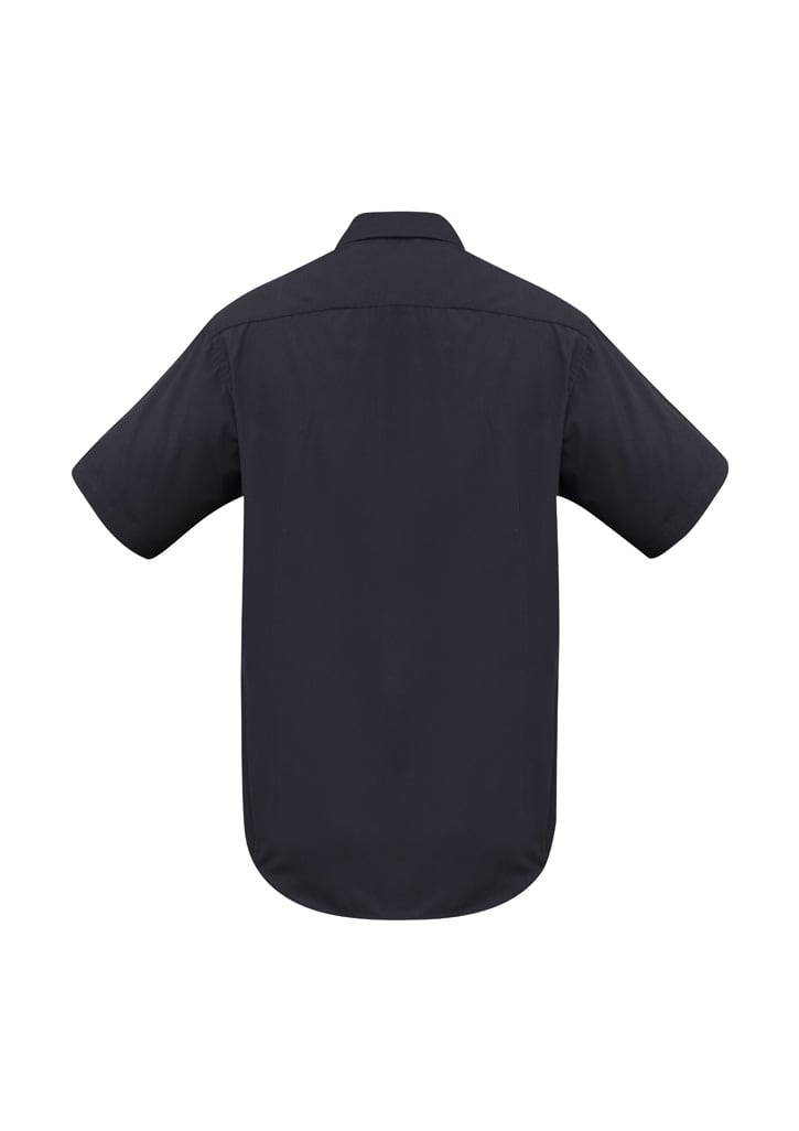A short-sleeve button-up shirt in black with a back view and a logo on the back.