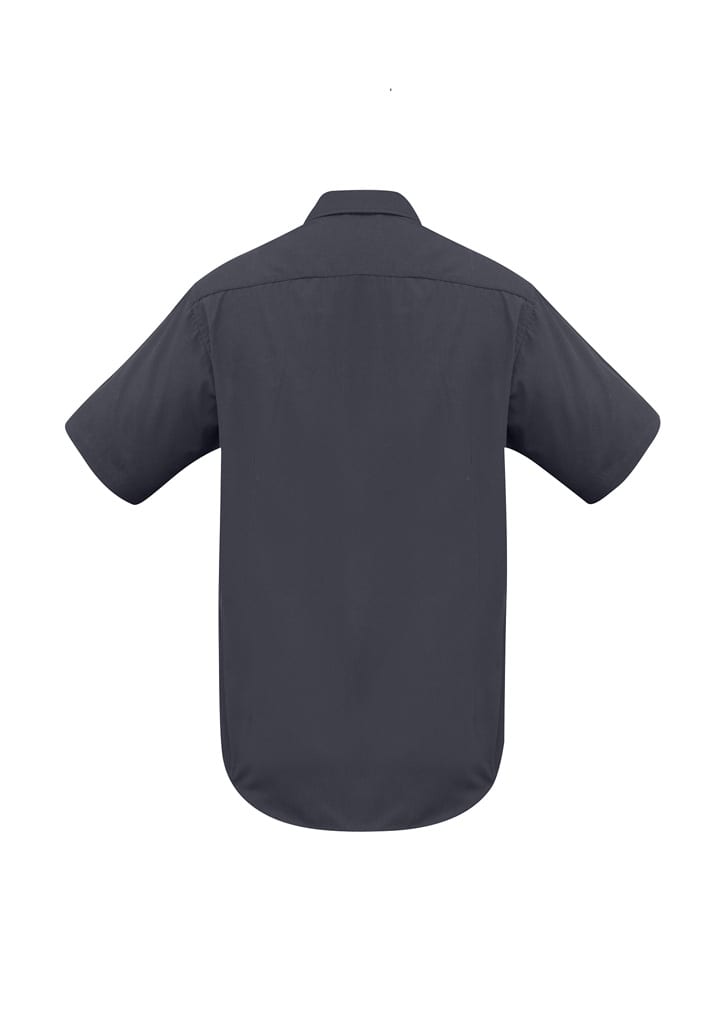 A dark grey short sleeve button-up shirt with a classic back design and an incorporated logo.