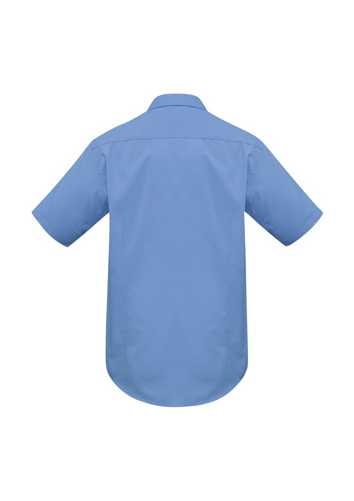 A blue short sleeve button-up shirt with a back yoke and side pleats, featuring a logo.