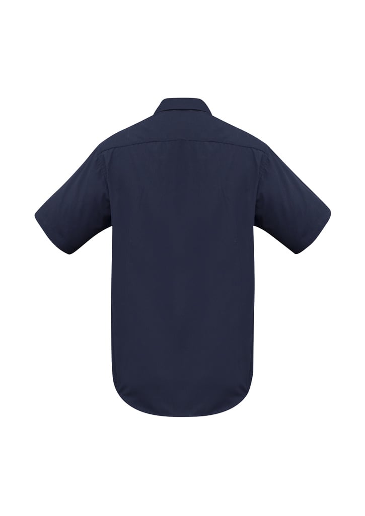 A navy blue men's button-up shirt with short sleeves and a collar, featuring a branding logo.