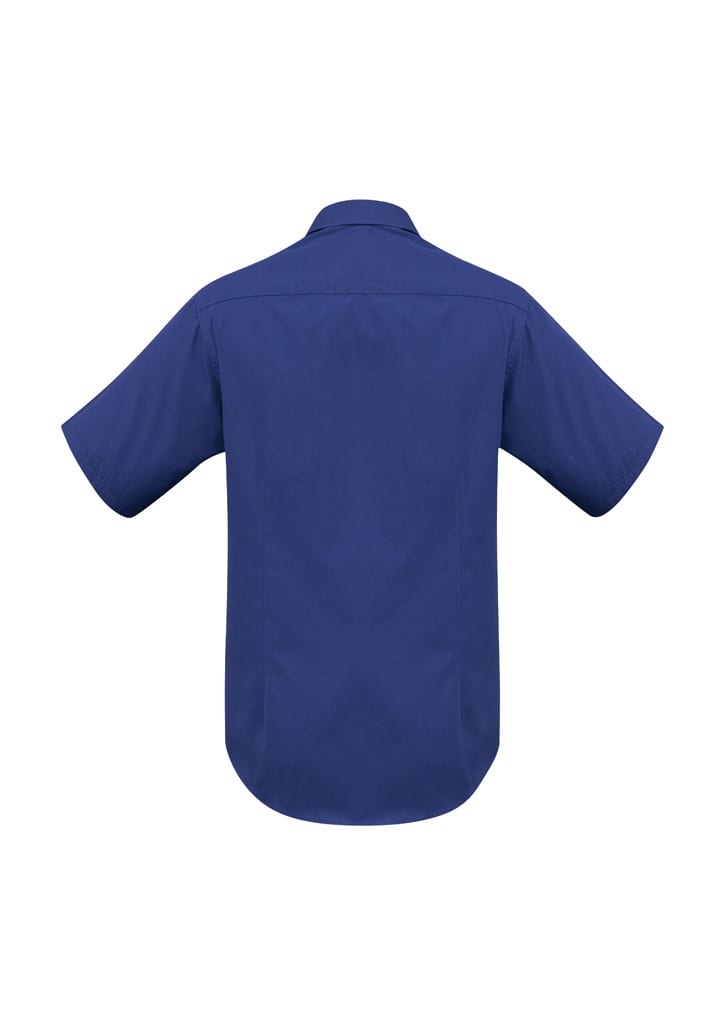 A men's short sleeve button-up shirt in navy blue, featuring a smooth back design and a collar.