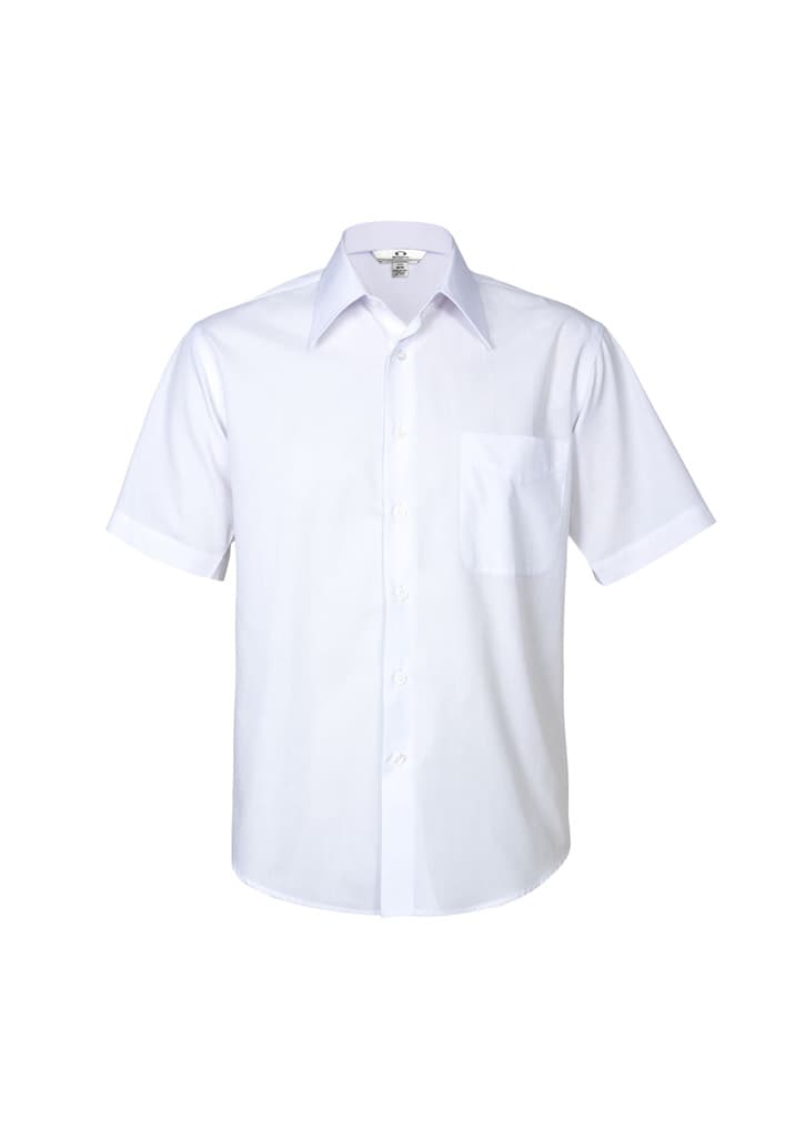 A short sleeve, white button-up shirt with a single pocket and a logo on the collar.