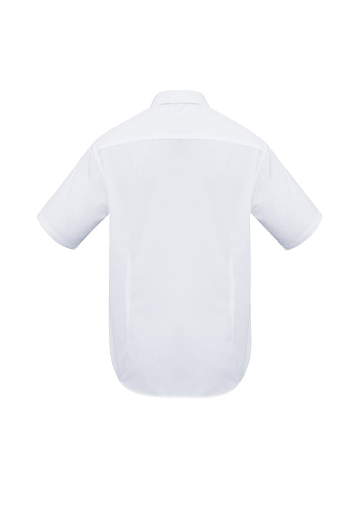 A white short sleeve button-up shirt with a plain back design and logo branding.