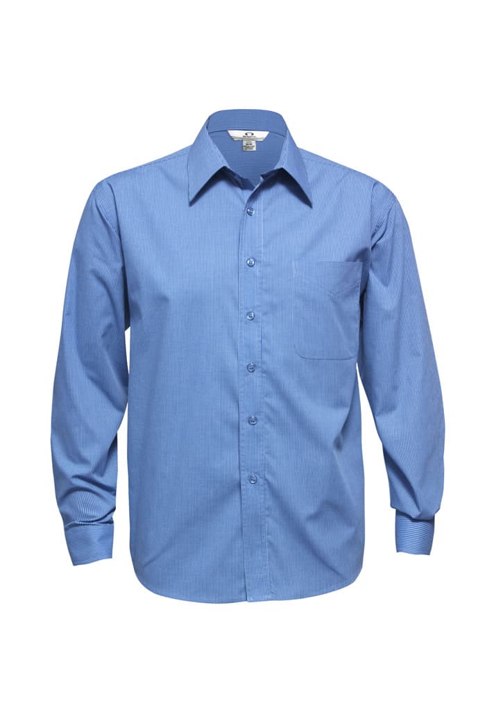 A men's long sleeve button-up shirt in a micro check pattern, featuring shades of blue and a single chest pocket.