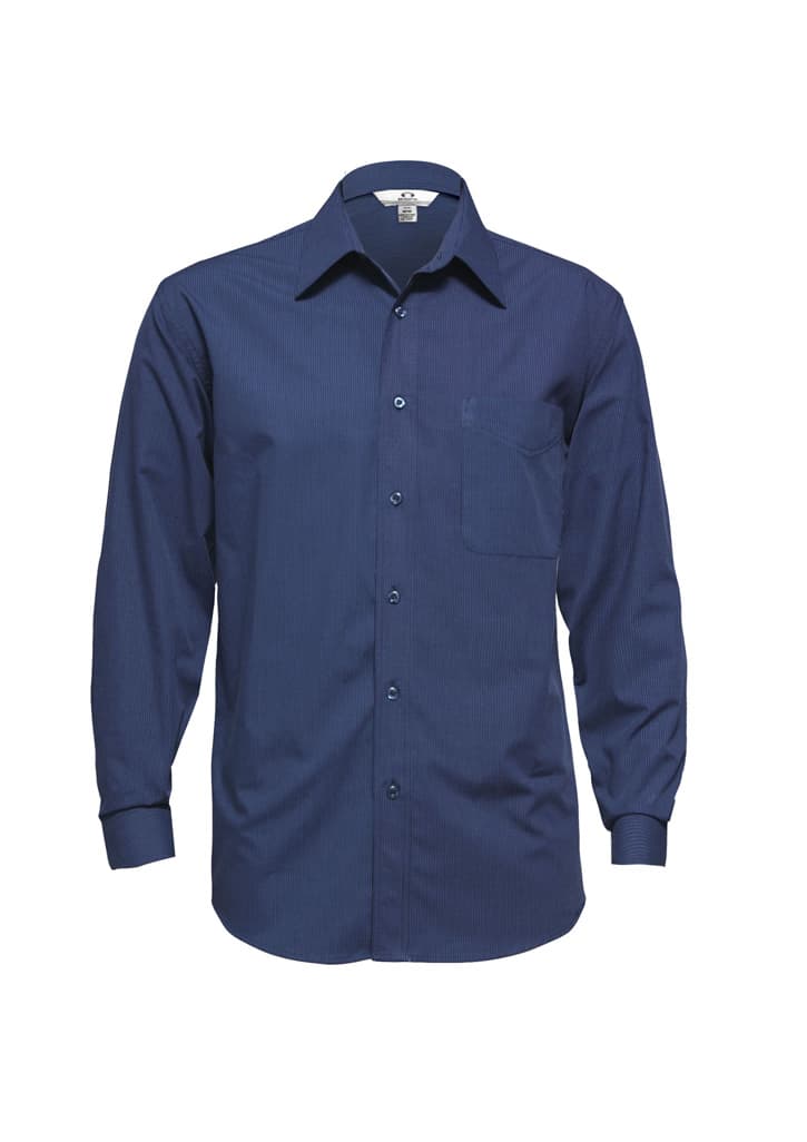 A men's micro check long sleeve shirt in navy blue, featuring a button-up front and a chest pocket.