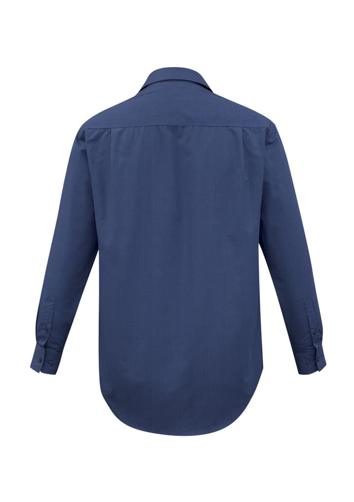 A navy blue men's long sleeve micro check button-up shirt with a tailored fit and buttoned cuffs.
