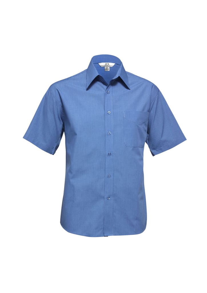 A blue short sleeve button-up shirt featuring a micro check pattern and a chest pocket. It has a logo on the label.