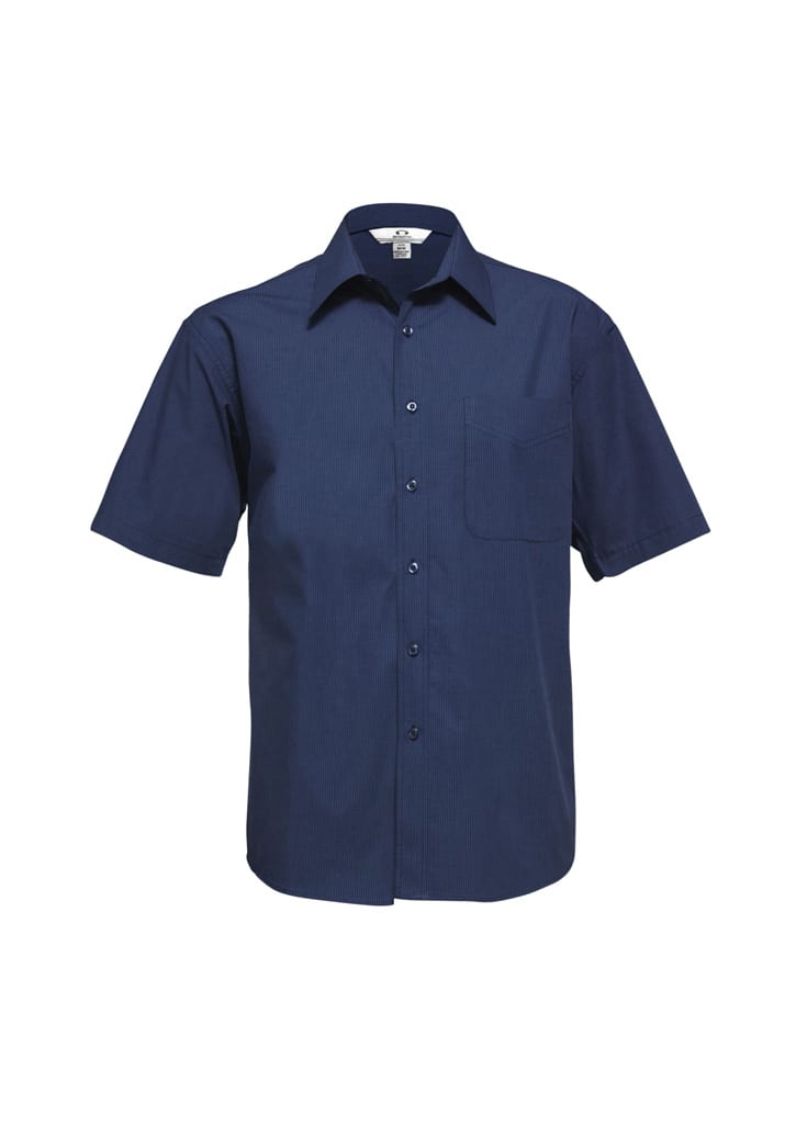 A men's short sleeve button-up shirt in navy blue with a micro check pattern and a pocket on the chest.