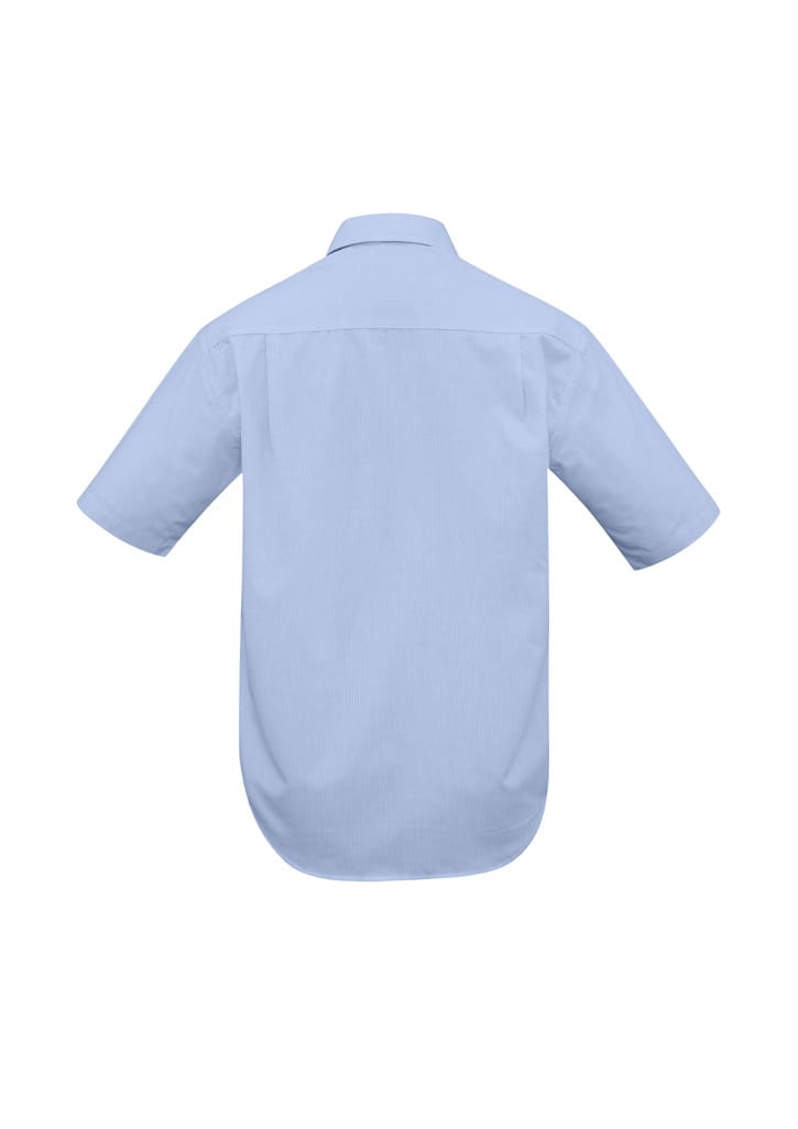 A light blue short sleeve button-up shirt with a back yoke and curved hem. Features a logo on the back.