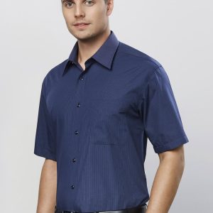 A dark blue short sleeve button-up shirt with a micro check pattern and one breast pocket. Features a logo on the shirt.