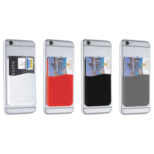 A collection of slim silicone card wallets in red, black, grey, and silver, attached to smartphone backs.