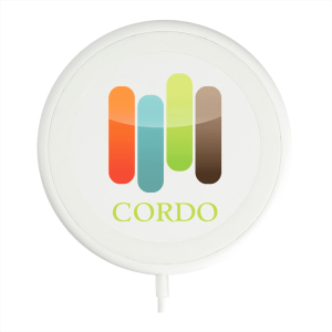 A white wireless charging pad featuring a colourful logo design. The product is round in shape.