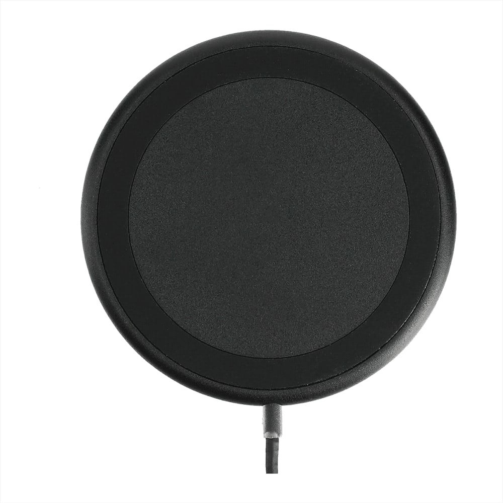 A black wireless charging pad with a circular design and a connecting cable. It features a logo on its surface.