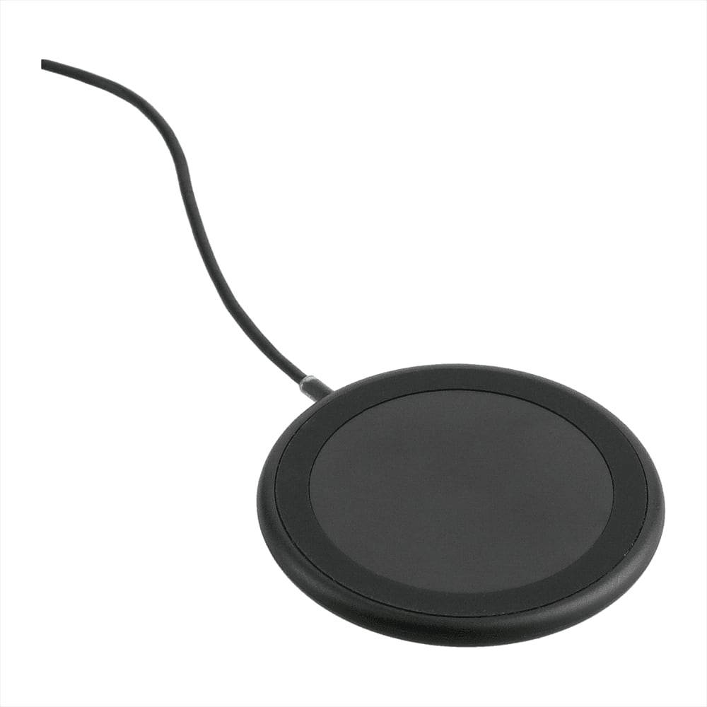 A black wireless charging pad with a cord attached, designed for fast charging. It features a sleek, circular design.
