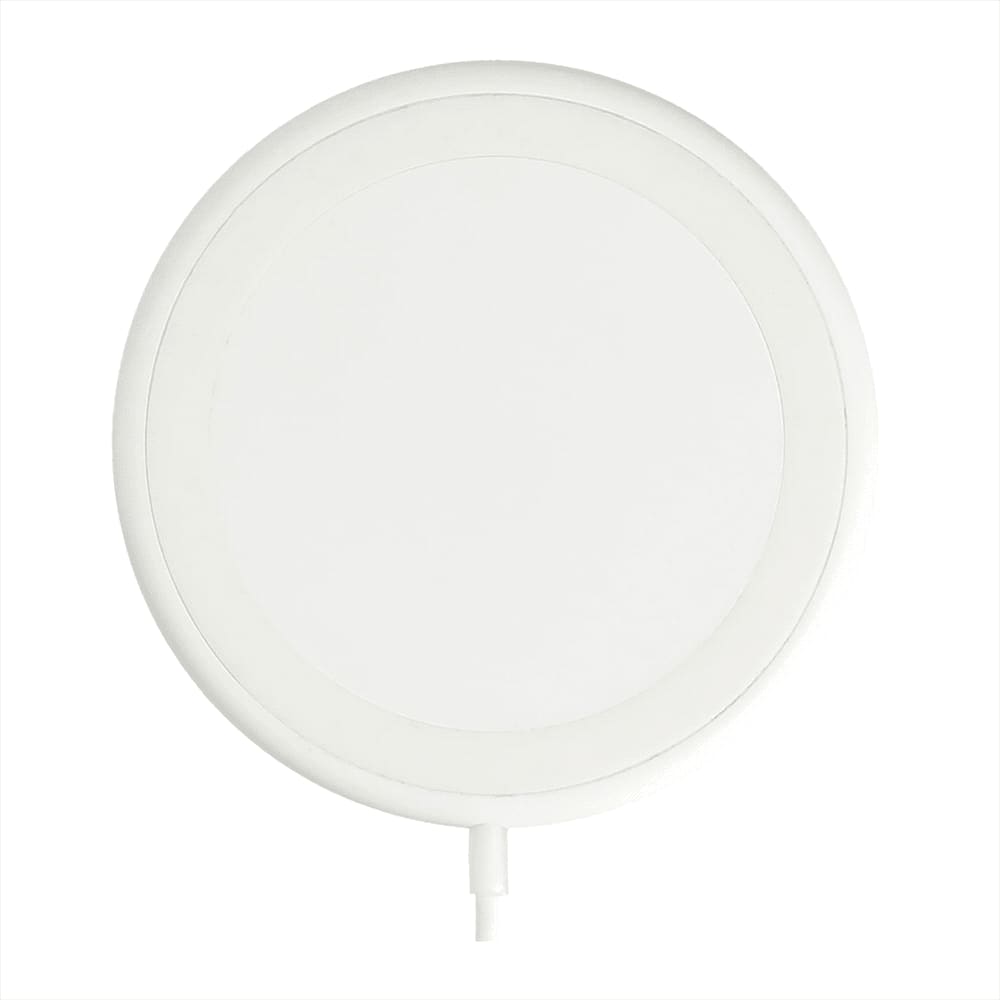 A round, white wireless charging pad with a small connector. It has a minimalist design and includes a logo.
