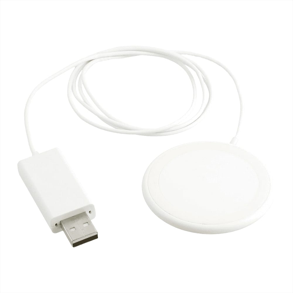 A white MagClick Fast Wireless Charging Pad with a USB connection, featuring a circular design and attached cable.