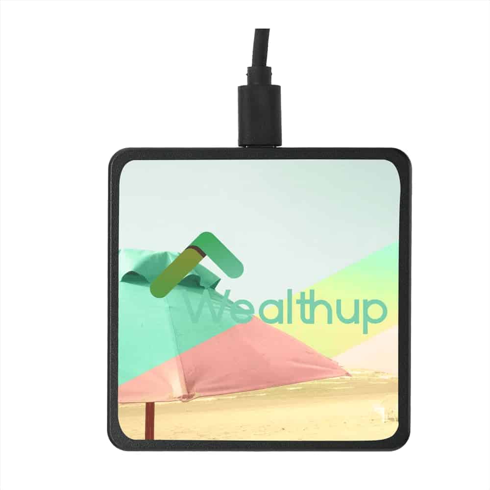 A square wireless charging pad with a multicoloured design featuring pastel shades and a logo.