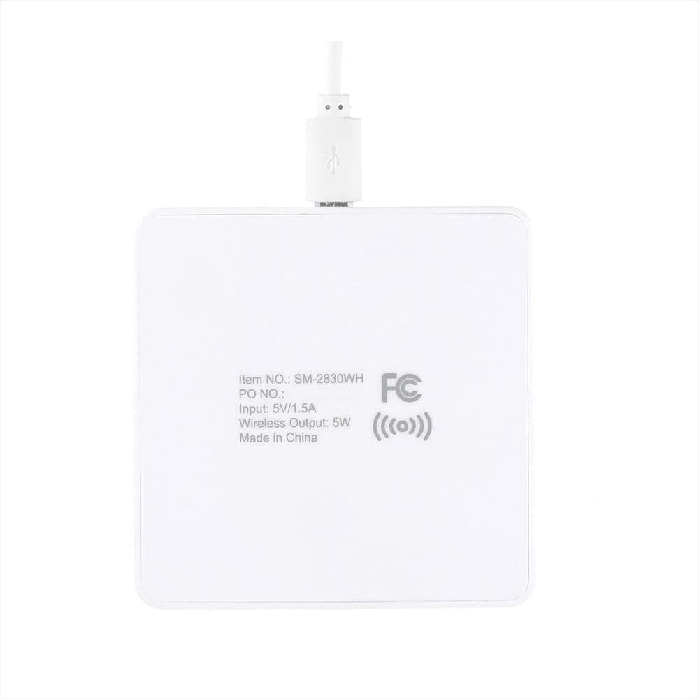 A square white wireless charging pad with a USB connector, featuring a logo and specifications.