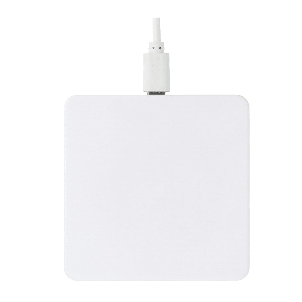 A square white wireless charging pad with a white cable attached. It features a logo on the surface.