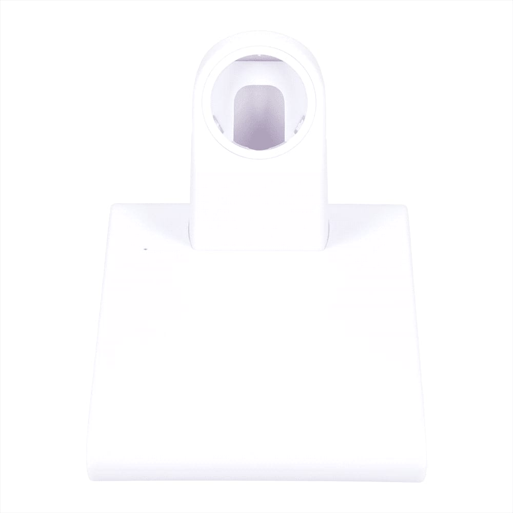 A white wireless charging pad and iWatch holder with a sleek, minimalist design and an integrated holder.