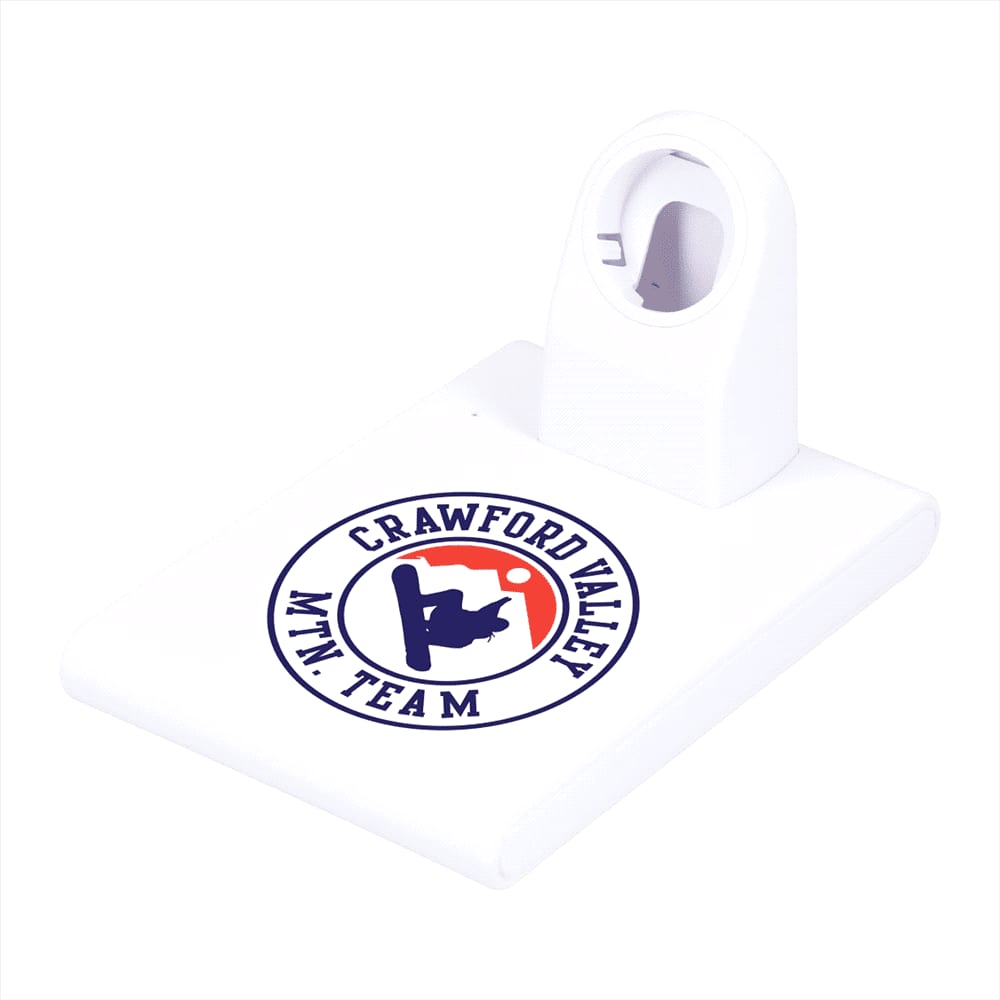 A white wireless charging pad with a holder for an iWatch and a logo printed on the surface.