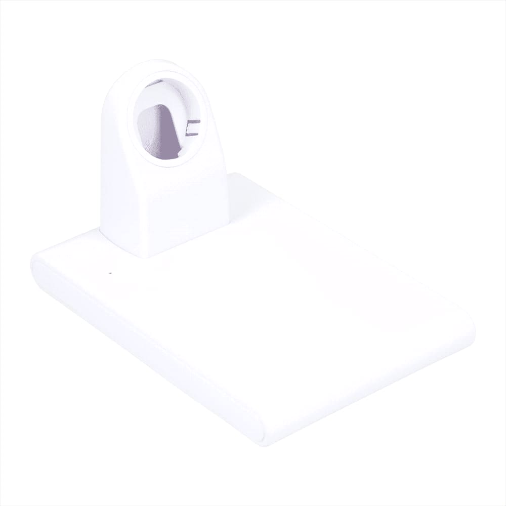 A white wireless charging pad with a holder for an iWatch, featuring a sleek, minimalist design.