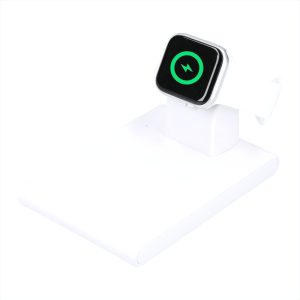 A white wireless charging pad with a holder for an iWatch, featuring a simple design and a charging indication.