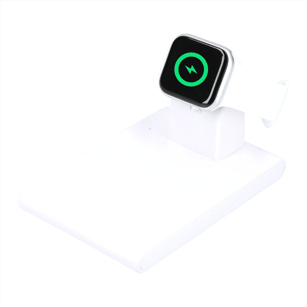 A white wireless charging pad with a holder for an iWatch, featuring a simple design and a charging indication.