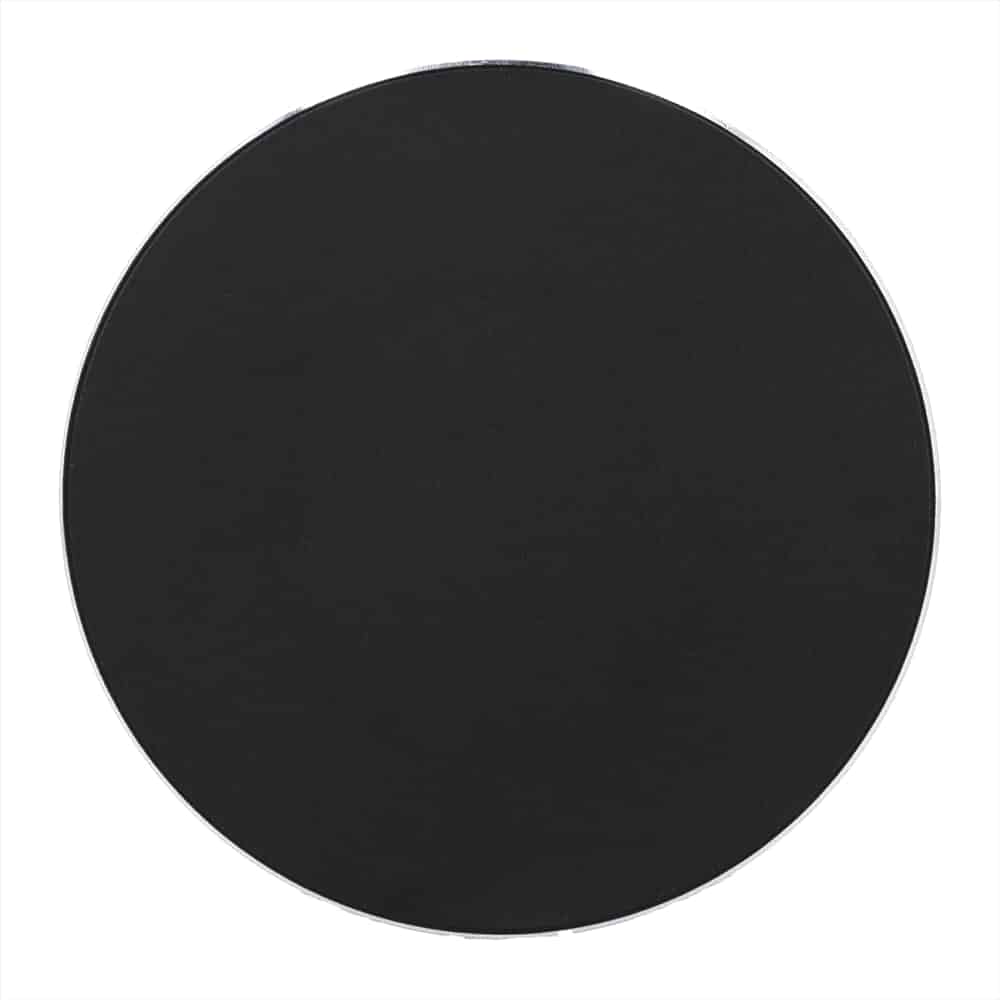 A round, black wireless charging pad made from recycled aluminium, featuring a logo.