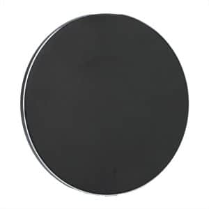 A black, round wireless charging pad made from recycled aluminium, featuring a subtle branding logo.