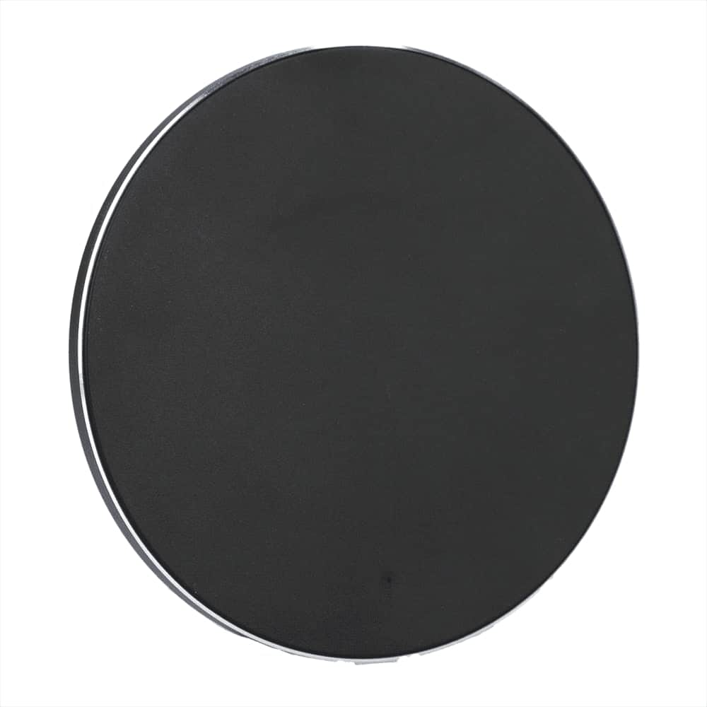 A black, round wireless charging pad made from recycled aluminium, featuring a subtle branding logo.