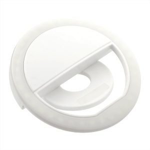A white circular LED light with a flat base and a semi-circular opening for mounting. It features a smooth finish and has a logo.